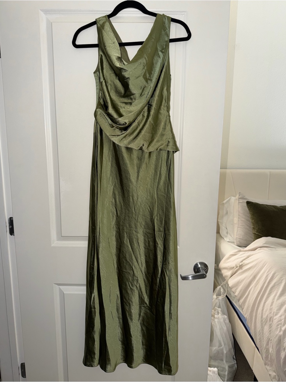 Olive Green Draped Satin Maxi Dress